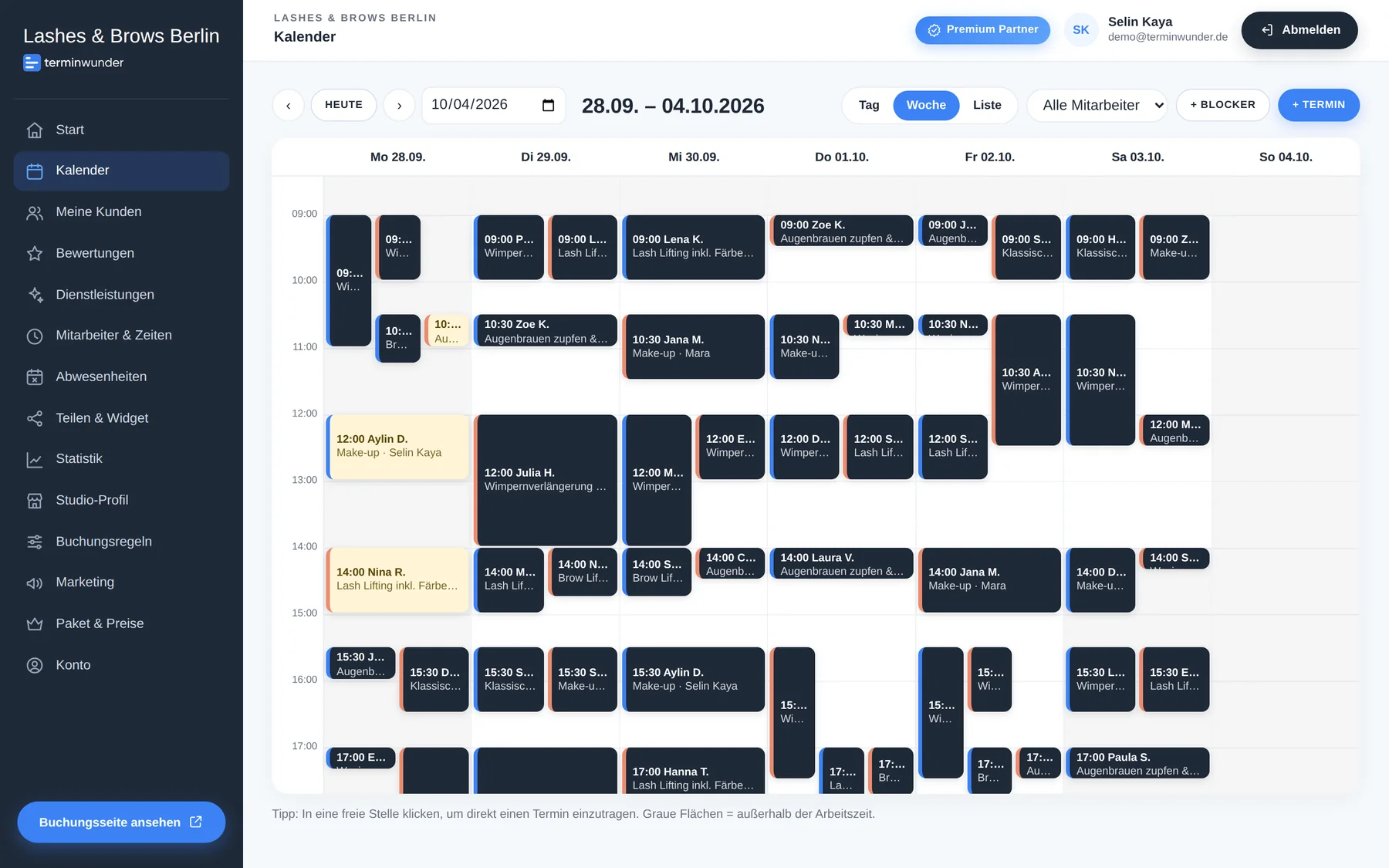 terminwunder App: Wochenkalender mit Terminen mehrerer Mitarbeiter
